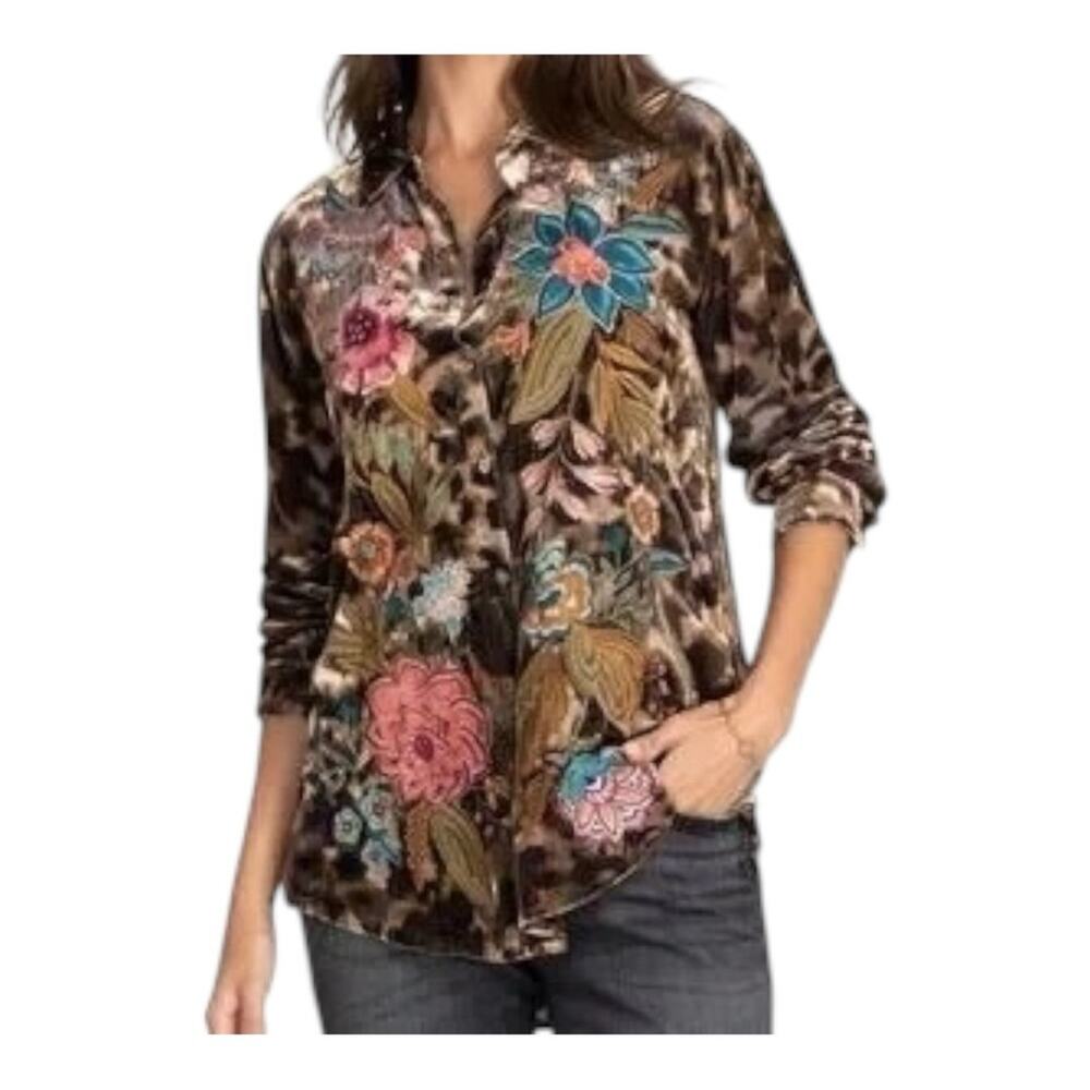 Johnny Was Bianca Velvet Oversized Shirt Floral Embroidered XXS